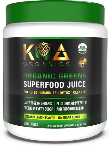 KOA Organics Greens Superfood Juice Powder - USDA Organic Super Greens Powder with with Spirulina, Chlorella, Matcha, Wheat Grass, Digestive Enzymes & Probiotics - Lemon Flavor -30 ServQ in Saudi Arabia