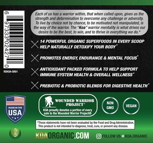 KOA Organics Greens Superfood Juice Powder - USDA Organic Super Greens Powder with with Spirulina, Chlorella, Matcha, Wheat Grass, Digestive Enzymes & Probiotics - Lemon Flavor -30 ServQ in Saudi Arabia