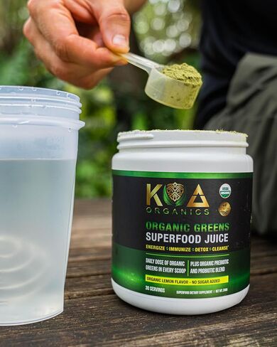 KOA Organics Greens Superfood Juice Powder - USDA Organic Super Greens Powder with with Spirulina, Chlorella, Matcha, Wheat Grass, Digestive Enzymes & Probiotics - Lemon Flavor -30 ServQ in Saudi Arabia