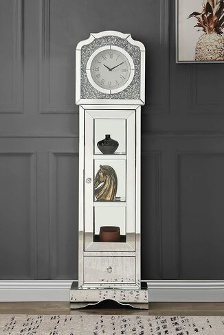 Acme Noralie Wood Frame Grandfather Clock in Mirrored and Faux Diamonds in Kuwait