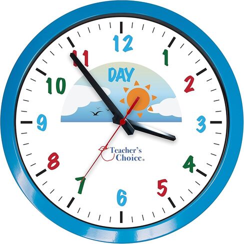 ساعة حائط بإطار معدني باللون الأزرق التعليمي ليلاً ونهارًا من تيتشرز تشويس | تشغيل صامت - ساعة تعليمية للوقت مثالية للفصول الدراسية وغرف نوم الأطفال in Kuwait