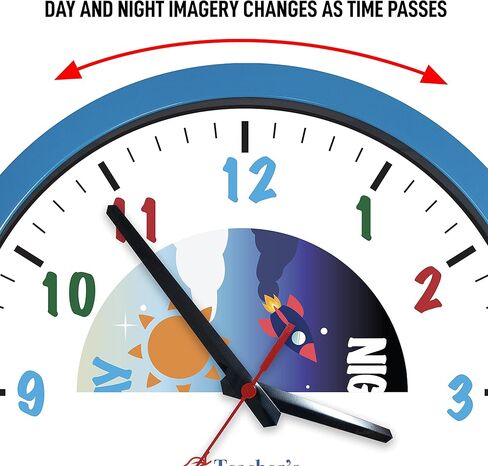 ساعة حائط بإطار معدني باللون الأزرق التعليمي ليلاً ونهارًا من تيتشرز تشويس | تشغيل صامت - ساعة تعليمية للوقت مثالية للفصول الدراسية وغرف نوم الأطفال in Kuwait