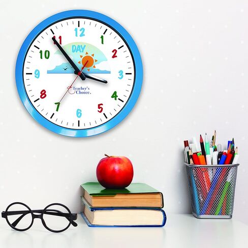 ساعة حائط بإطار معدني باللون الأزرق التعليمي ليلاً ونهارًا من تيتشرز تشويس | تشغيل صامت - ساعة تعليمية للوقت مثالية للفصول الدراسية وغرف نوم الأطفال in Kuwait