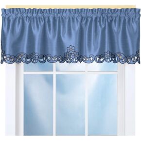 Collections Etc Elegance Scroll Embroidered Cut-Out Window Valance with Rod Pocket Top for Easy Hanging, 58" W x 13" L, Blue
