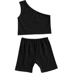 iddolaka Toddler Baby Girl Cotton One Shoulder Tank Top Vest+Shorts Solid Color Two Piece Outfit Set Casual Summer Clothes in Kuwait