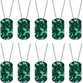 24 Pcs Camouflage Dog Tags Acrylic Army Dog Tags Camo Party Favors Army Birthday Favors Camo Necklace with Metal Beaded Chain for Kids Men Dogs Soldier Arm (Green, Blue, Khaki, Gray)