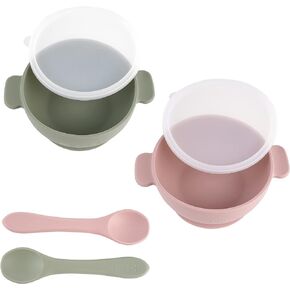 2 Pack Silicone Suction Bowl with Lid + Spoon Set | Food Grade Silicone | BPA Free | Microwave, Dishwasher, Freezer Safe (Green and Light Pink)
