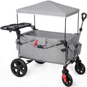 EVER ADVANCED Foldable Wagons for Two Kids & Cargo, Collapsible Folding Wagon Stroller with Adjustable Handle Bar,Removable Canopy with 5-Point Harness,Black