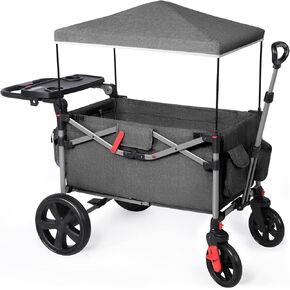 EVER ADVANCED Foldable Wagons for Two Kids & Cargo, Collapsible Folding Wagon Stroller with Adjustable Handle Bar,Removable Canopy with 5-Point Harness,Black