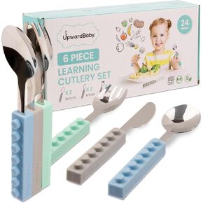 طقم أواني الأطفال الصغار من الفولاذ المقاوم للصدأ | أدوات فضية للتعلم الذاتي 9 قطع من شركة UpwardBaby | مقبض سيليكون متشابك للمدرسة سهلة الإمساك | سكين ملاعق 3 شوك خالية من البيسفينول A للأطفال in Kuwait