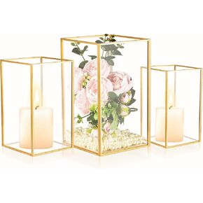 Hurricane Glass Candle Holders for Table Centerpiece, Set of 3pcs Modern Gold Candle Holder for Pillar Candles, 3 Size Square Clear Glass Candlestick for Wedding Party Home Decor(Gold) in Kuwait