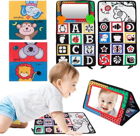 تومي تايم، ألعاب مرآة الطفل، نشاط عالي التباين، ألعاب نمو دماغ مونتيسوري لحديثي الولادة مع كتب مجعدة حسية وعضاضات للرضع من عمر 0-3-4-6-12 شهرًا، هدية سفر للأولاد والبنات in Kuwait