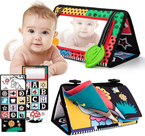 ألعاب أطفال بمرآة أرضية لوقت البطن من UNIH مع حلقات تسنين وكتب قماشية - لعبة حسية عالية التباين باللونين الأبيض والأسود للأطفال حديثي الولادة من عمر 0 ​​3 إلى 6 أشهر in Kuwait