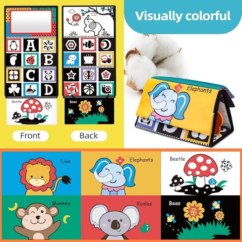 ألعاب أطفال بمرآة أرضية لوقت البطن من UNIH مع حلقات تسنين وكتب قماشية - لعبة حسية عالية التباين باللونين الأبيض والأسود للأطفال حديثي الولادة من عمر 0 ​​3 إلى 6 أشهر in Kuwait