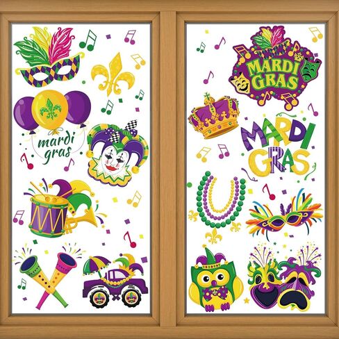 HOWAF Mardi Gras Party Decoration Window Clings, 9 Sheets Mardi Gras Themed Window Stickers for New Orleans Party Decoration, Mardi Gras Party Window Decals for Masquerade Party Supplies Home in Saudi Arabia