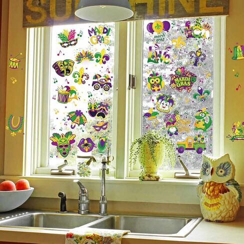 HOWAF Mardi Gras Party Decoration Window Clings, 9 Sheets Mardi Gras Themed Window Stickers for New Orleans Party Decoration, Mardi Gras Party Window Decals for Masquerade Party Supplies Home in Saudi Arabia
