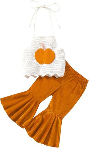Madjtlqy Baby Girl Bell Bottoms Halloween Clothes Set Letters Pumpkin Printed Long Sleeve Sweashirt Tops + Flared Pants in Saudi Arabia