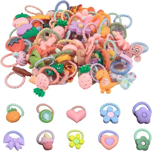 ربطات شعر GULELAYAR اللطيفة للفتيات، 50 قطعة من حبال الشعر المرنة ذات الألوان المختلطة للأطفال، شريط مطاطي ناعم، حوامل ذيل حصان صغيرة، ملحقات شعر كرتونية فواكه كاواي للأطفال الصغار والرضع والفتيات in Kuwait