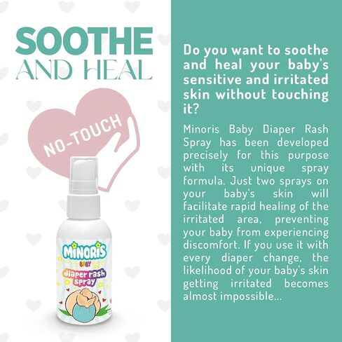 Minoris Baby Diaper Rash Spray, Organic Content, Zinc Oxide, Hypoallergenic, Vegan, Shea Butter, Soothe, Protection Baby Diaper Rash, Pediatrician Tested, No-Touch 100ML in Saudi Arabia