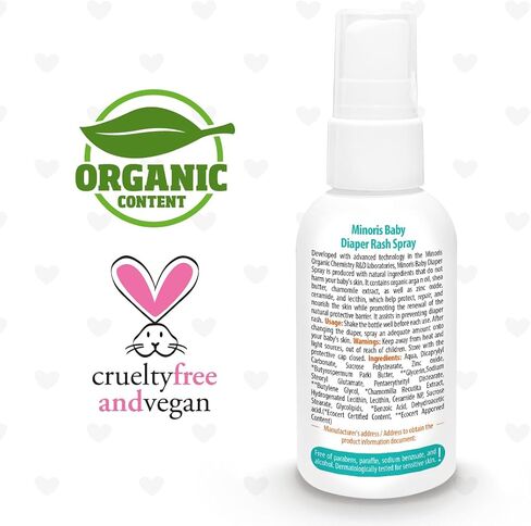 Minoris Baby Diaper Rash Spray, Organic Content, Zinc Oxide, Hypoallergenic, Vegan, Shea Butter, Soothe, Protection Baby Diaper Rash, Pediatrician Tested, No-Touch 100ML in Saudi Arabia