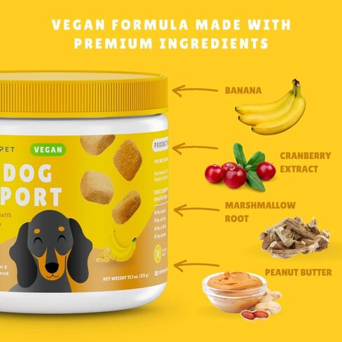 دعم POINTPET النباتي للكلاب - D-Mannose، التوت البري والخطمي العضوي - يعزز صحة المثانة المثلى ووظيفة المسالك البولية المثالية - 90 مضغ ناعم بنكهة زبدة الفول السوداني والموز in Kuwait