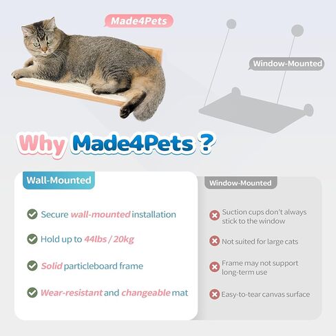 عمود خدش القطط من Made4Pets للجدار، شجرة القطط المثبتة على الحائط للقطط الداخلية، أرجوحة القطط المثبتة على الحائط، أرفف حائط القطط العائمة مع حصيرة خدش السيزال، 3 خطوات تسلق نافذة القطط الصغيرة in Kuwait