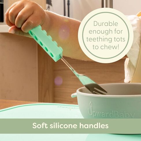 طقم أواني الأطفال الصغار من الفولاذ المقاوم للصدأ | أدوات فضية للتعلم الذاتي 9 قطع من شركة UpwardBaby | مقبض سيليكون متشابك للمدرسة سهلة الإمساك | سكين ملاعق 3 شوك خالية من البيسفينول A للأطفال in Kuwait