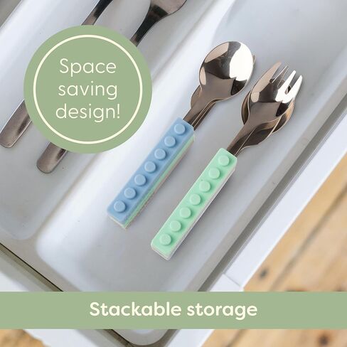 طقم أواني الأطفال الصغار من الفولاذ المقاوم للصدأ | أدوات فضية للتعلم الذاتي 9 قطع من شركة UpwardBaby | مقبض سيليكون متشابك للمدرسة سهلة الإمساك | سكين ملاعق 3 شوك خالية من البيسفينول A للأطفال in Kuwait