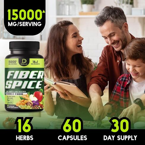 مكملات الألياف والتوابل 16 في 1 ودعم المناعة المتقدم - 15000 ملجم مع سيلليوم عضوي، والتفاح الكامل، وبذور الكتان والمزيد - دعم المزاج، وصحة الجسم والمناعة - 60 كبسولة لـ 30 وجبة in Kuwait