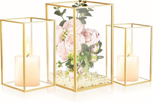 Hurricane Glass Candle Holders for Table Centerpiece, Set of 3pcs Modern Gold Candle Holder for Pillar Candles, 3 Size Square Clear Glass Candlestick for Wedding Party Home Decor(Gold) in Kuwait