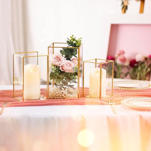 Hurricane Glass Candle Holders for Table Centerpiece, Set of 3pcs Modern Gold Candle Holder for Pillar Candles, 3 Size Square Clear Glass Candlestick for Wedding Party Home Decor(Gold) in Kuwait