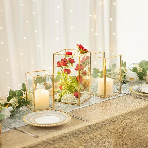 Hurricane Glass Candle Holders for Table Centerpiece, Set of 3pcs Modern Gold Candle Holder for Pillar Candles, 3 Size Square Clear Glass Candlestick for Wedding Party Home Decor(Gold) in Kuwait