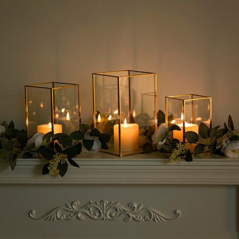 Hurricane Glass Candle Holders for Table Centerpiece, Set of 3pcs Modern Gold Candle Holder for Pillar Candles, 3 Size Square Clear Glass Candlestick for Wedding Party Home Decor(Gold) in Kuwait