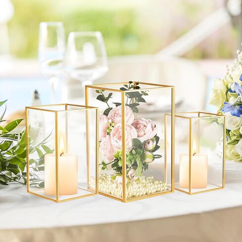 Hurricane Glass Candle Holders for Table Centerpiece, Set of 3pcs Modern Gold Candle Holder for Pillar Candles, 3 Size Square Clear Glass Candlestick for Wedding Party Home Decor(Gold) in Kuwait