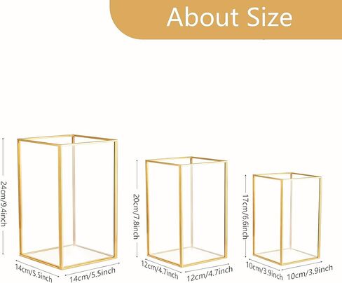 Hurricane Glass Candle Holders for Table Centerpiece, Set of 3pcs Modern Gold Candle Holder for Pillar Candles, 3 Size Square Clear Glass Candlestick for Wedding Party Home Decor(Gold) in Kuwait