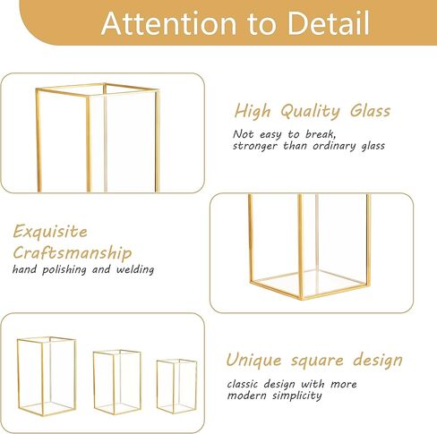 Hurricane Glass Candle Holders for Table Centerpiece, Set of 3pcs Modern Gold Candle Holder for Pillar Candles, 3 Size Square Clear Glass Candlestick for Wedding Party Home Decor(Gold) in Kuwait