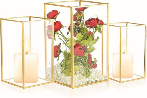 Hurricane Glass Candle Holders for Table Centerpiece, Set of 3pcs Modern Gold Candle Holder for Pillar Candles, 3 Size Square Clear Glass Candlestick for Wedding Party Home Decor(Gold) in Kuwait
