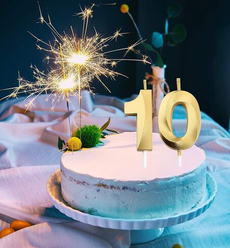 شموع عيد الميلاد العاشر، قطعة علوية للكيك باللون الذهبي رقم 10 لتزيين حفلات أعياد الميلاد in Kuwait