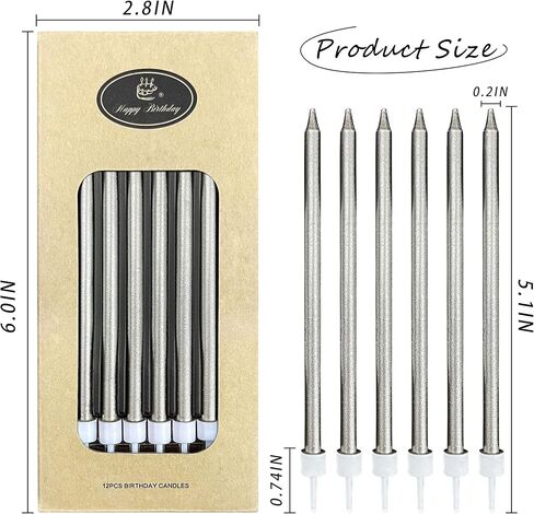 6Pcs Silver Long Thin Birthday Candles for Cake, 5.1 Inch Cake Candles, Wedding Decorations, Birthday Parties ，Cake Decorations，Party Candles, Sparkler Candles in Kuwait