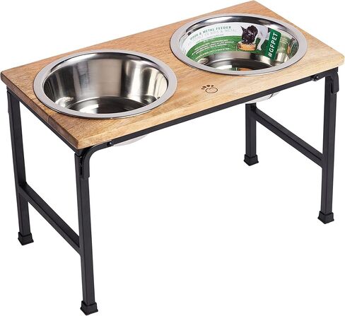 وحدة تغذية من خشب اللحاء والمعدن - وحدة تغذية من خشب المانجو الفاخر مع حامل معدني، وعائين من الفولاذ المقاوم للصدأ للطعام أو الماء، مثالية للكلاب والقطط والحيوانات الأليفة من أي حجم، للمنزل أو المكتب (كبير) in Kuwait