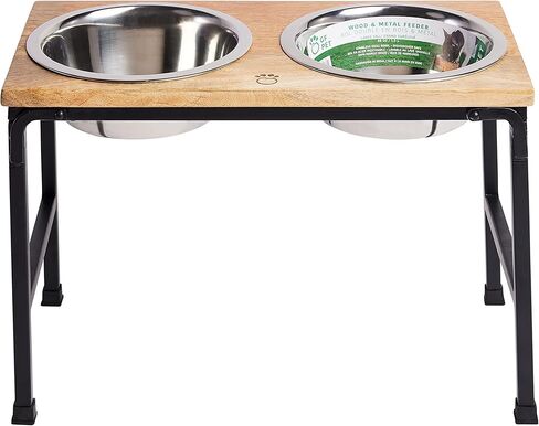 وحدة تغذية من خشب اللحاء والمعدن - وحدة تغذية من خشب المانجو الفاخر مع حامل معدني، وعائين من الفولاذ المقاوم للصدأ للطعام أو الماء، مثالية للكلاب والقطط والحيوانات الأليفة من أي حجم، للمنزل أو المكتب (كبير) in Kuwait