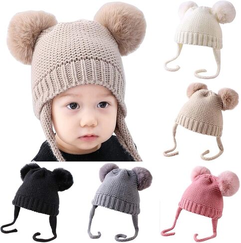 Baby Kids Winter Warm Knit Crochet Beanie Hat Hair Ball Hat in Kuwait