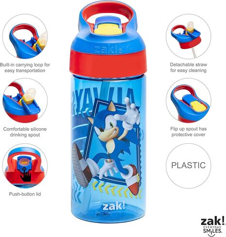 زجاجة مياه للأطفال من Zak Designs Sonic the Hedgehog مع غطاء صنبور وحلقة حمل مدمجة، مصنوعة من البلاستيك المتين، تصميم زجاجة مياه مانعة للتسرب للسفر (17.5 أونصة، غير BPA، عبوة من 2) in Kuwait
