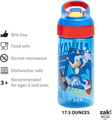 زجاجة مياه للأطفال من Zak Designs Sonic the Hedgehog مع غطاء صنبور وحلقة حمل مدمجة، مصنوعة من البلاستيك المتين، تصميم زجاجة مياه مانعة للتسرب للسفر (17.5 أونصة، غير BPA، عبوة من 2) in Kuwait