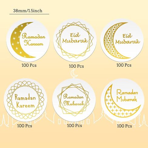 600 قطعة من ملصقات رمضان كريم، ملصقات مستديرة 1.5 انش، ملصقات عيد مبارك ذاتية اللصق، ملصقات رمضان مبارك لهدايا العيد والشنط والبطاقات والاظرف وديكورات رمضان in Kuwait