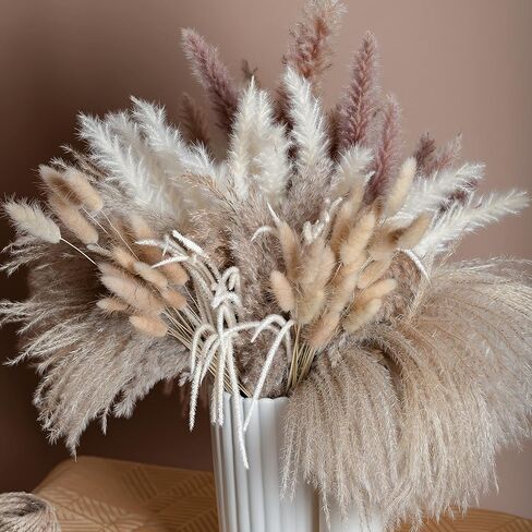 PNT CONCEPT Total 130 Pcs, 17" Set, 6 Types of Dried Flowers, Boho Home Decor, Dried Pampas Grass, Bunny Tail Grass, Pampas, Reed Grass, Bouquet for Wedding Floral Arrangements Home Decorations in Kuwait