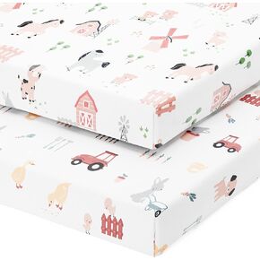 Mini Portable 24x38 Fitted Crib Sheets – Compatible with Dream on Me, Delta Porta Crib and Arms Reach Ideal Cosleeper – 100% Jersey Cotton – Farm Animals – 2 Pack