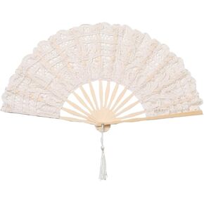 BABEYOND Cotton Lace Folding Handheld Fan Embroidered Bridal Hand Fan with Bamboo Staves for Wedding Decoration Dancing Party (Beige)
