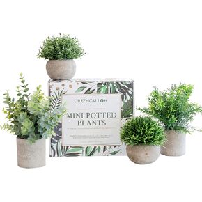 GreenCallow Artificial Plants for Home Decor Indoor. 4 Mini Plants, Rosemary Faux Plant Decor, Eucalyptus Plant, Grass Plants. Small Fake Shelf or Desk Greenery Décor