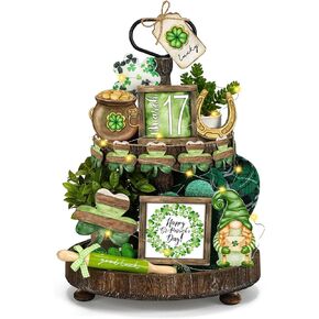 15 Piece St. Patrick's Day Tiered Tray Decor Set Green Shamrock Gnome St. Patrick Day Wood Sign Decorations Rustic Farmhouse Wood Leprechaun Decor with String Lights for Home Party
